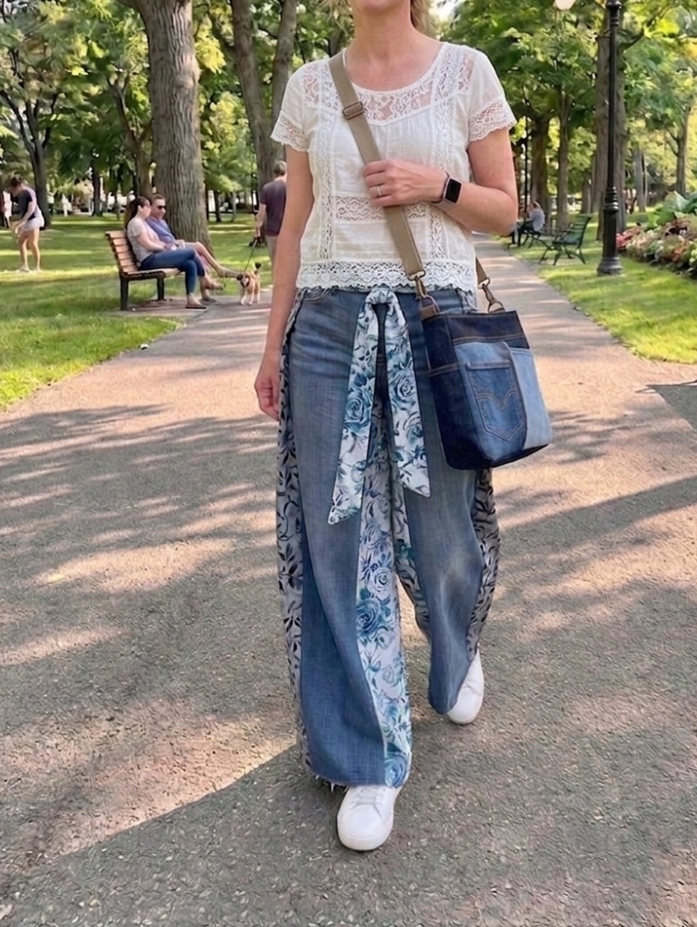 HAND CRAFTED Wrap Jeans UPCYCLED Blue Denim Tie Front Floral Flowers Size XL - Picture 2 of 16